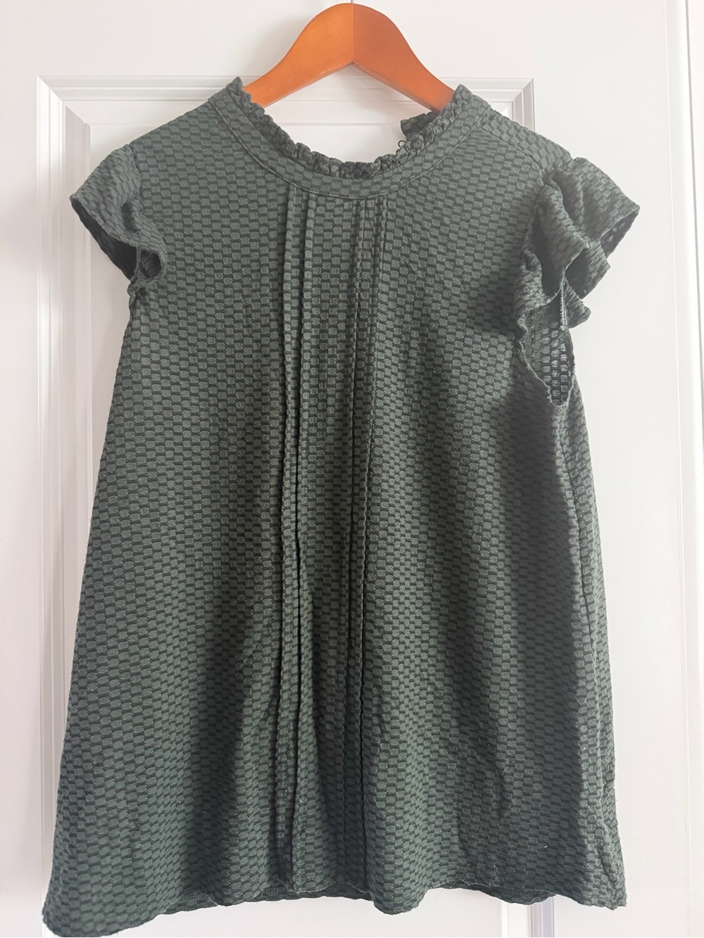 Elle Olive Green Textured Ruffle Sleeve Dress